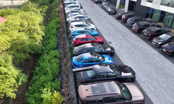 rząd samochodów zaparkowanych na nawierzchni z ekokraty przy zieleni