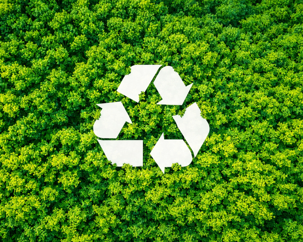 symbol recyklingu nad lasem jako znak gospodarki obiegu zamkniętego Natan Plast